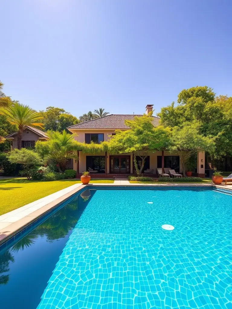 A spacious four-bedroom house in Karen, Nairobi, featuring a lush garden, a swimming pool, and a large patio area, photographed on a sunny day.