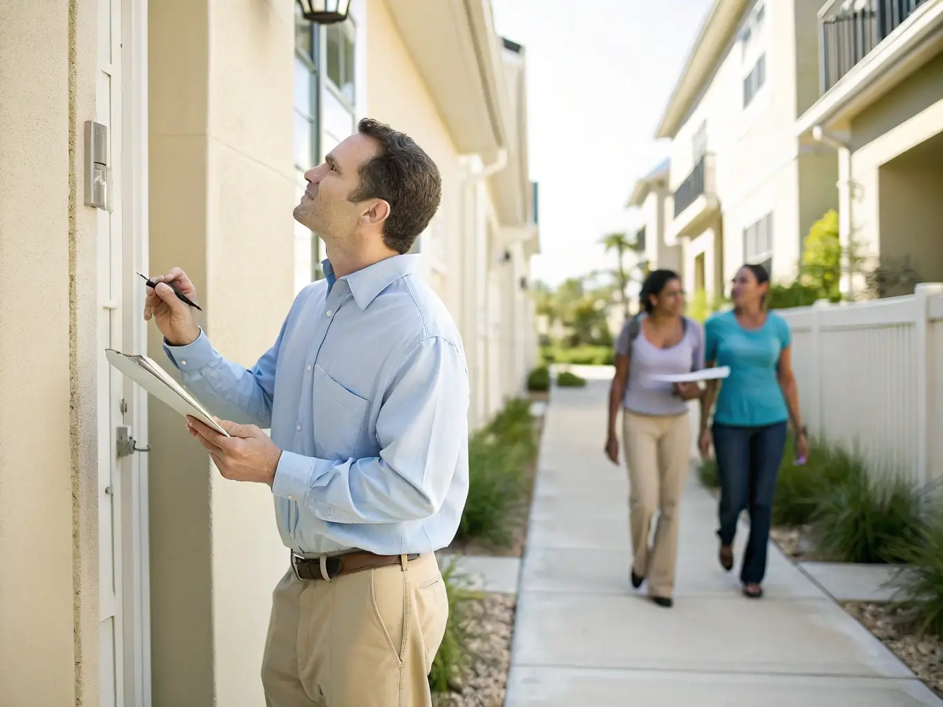 A property manager inspecting a residential building with tenants nearby, highlighting Nova Stay Homes' commitment to quality property management.