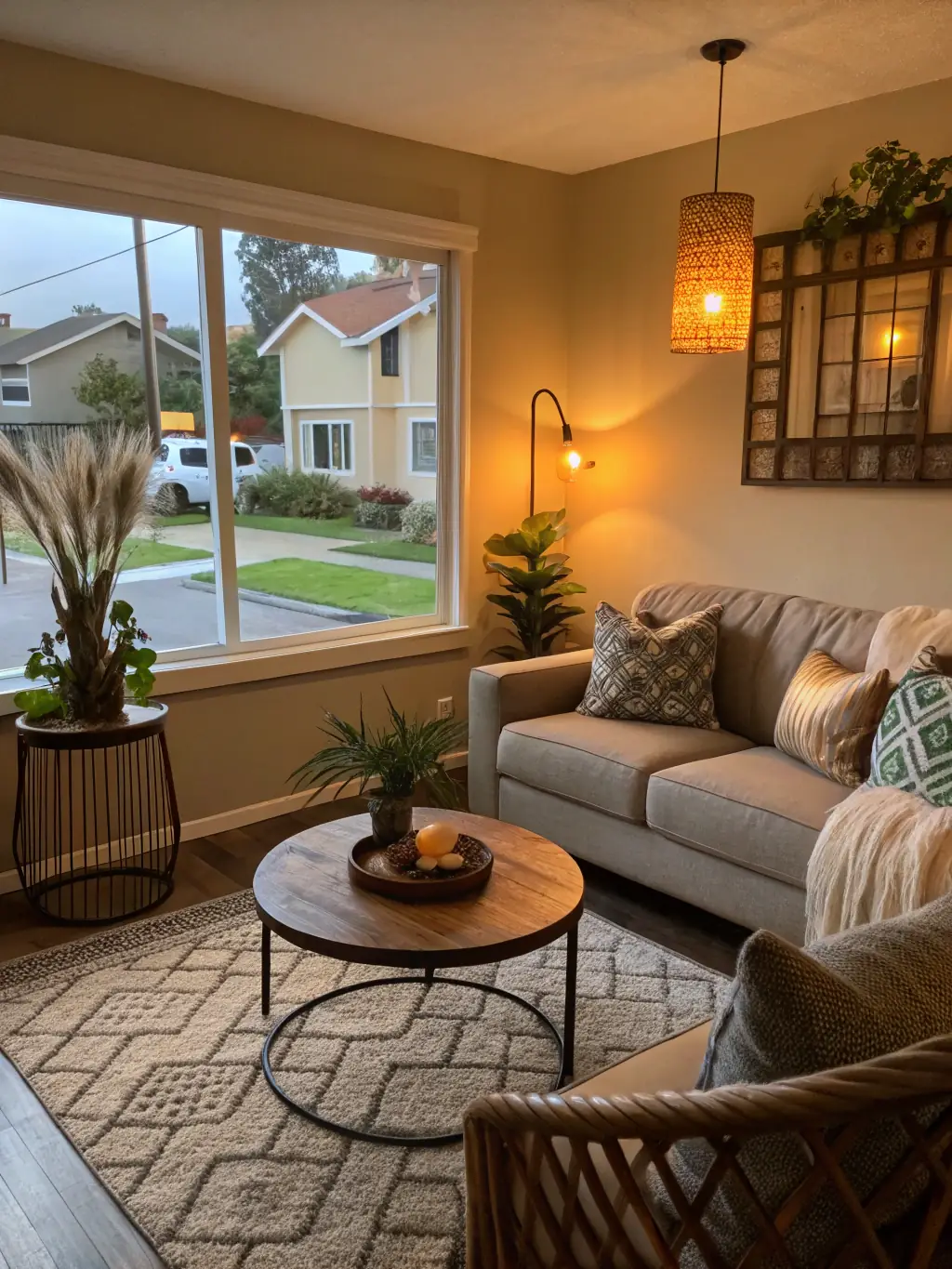 A photograph of a beautifully furnished living room in a rental property, showcasing the interior design and comfortable living space.
