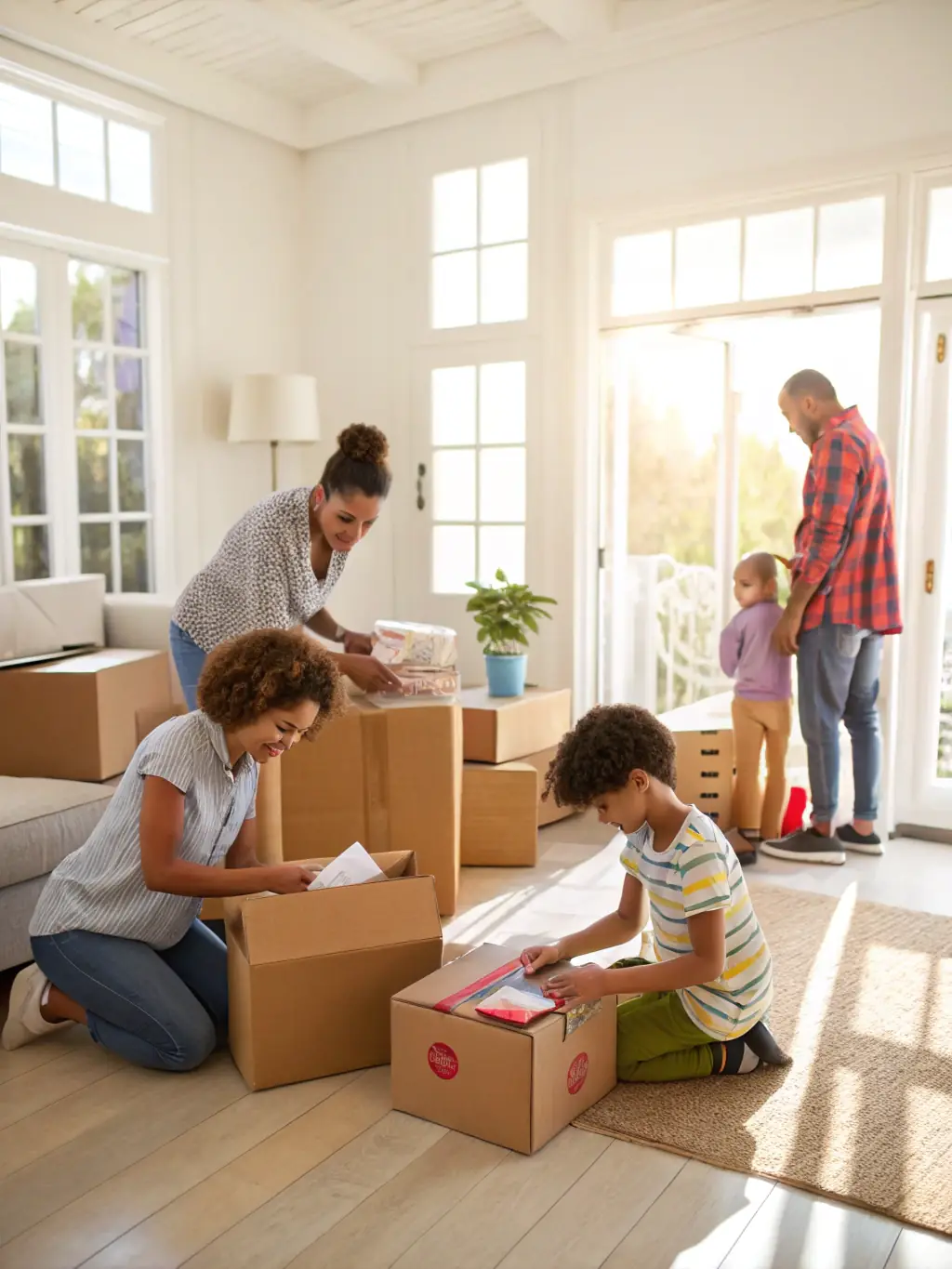 A family happily moving into a new Nova Stay Homes rental property, with moving boxes and smiles.