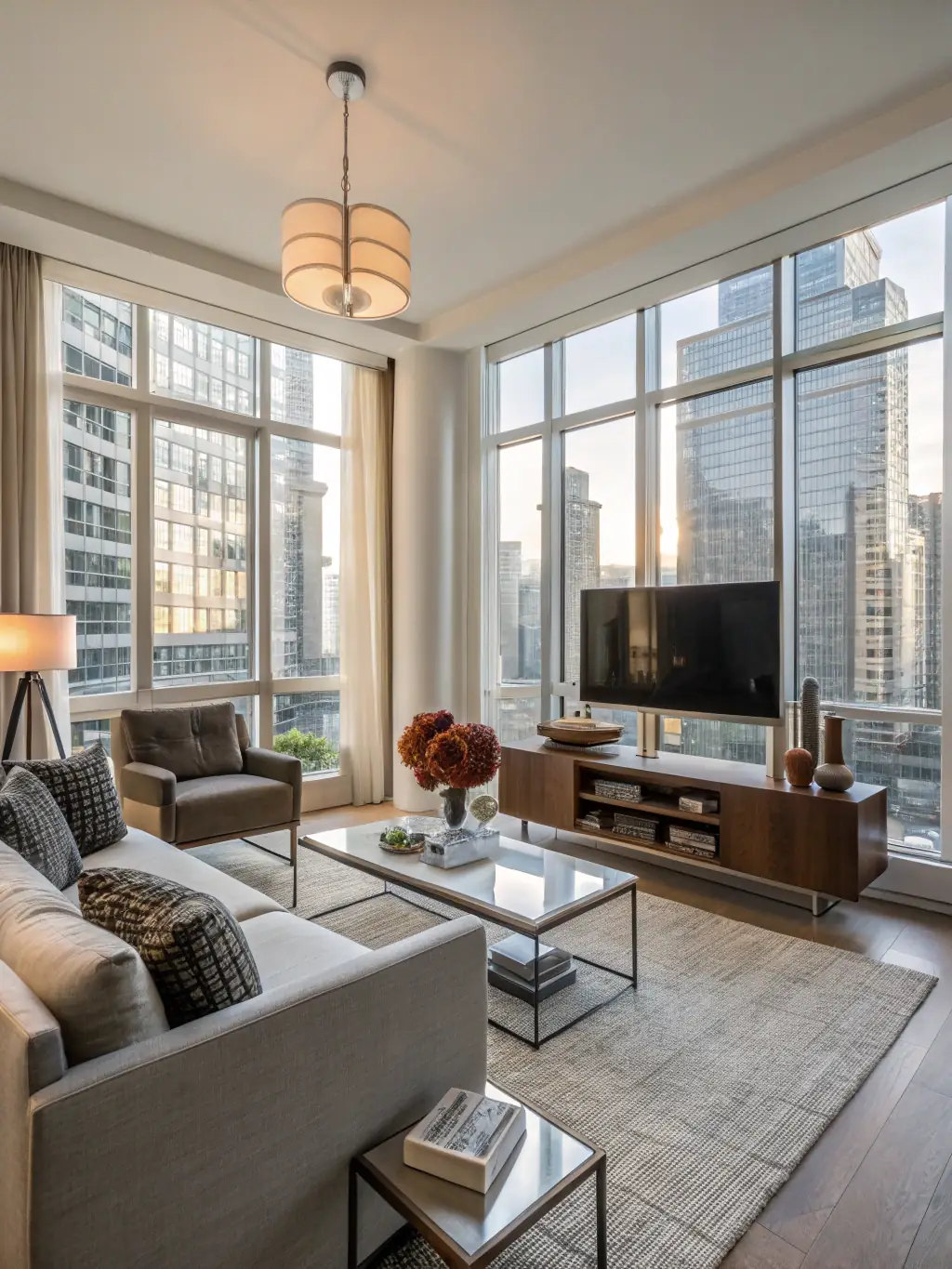 A modern, fully furnished two-bedroom apartment in Kilimani, Nairobi, with large windows offering city views, styled with contemporary furniture and decor.