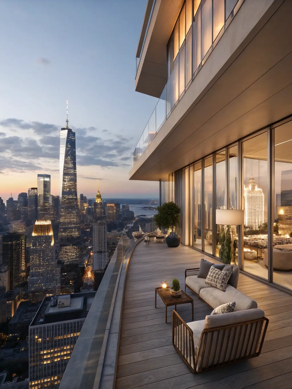 A luxurious penthouse apartment in Upper Hill, Nairobi, with panoramic city views, a private balcony, and high-end finishes, photographed at sunset.