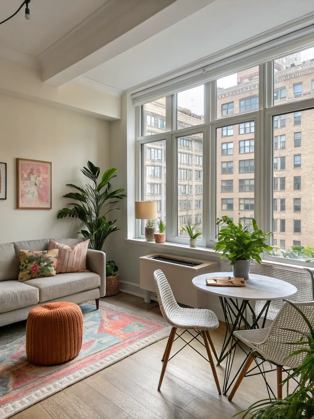 A modern studio apartment in Westlands, Nairobi, with minimalist decor, a well-equipped kitchenette, and a comfortable living area, photographed in natural light.