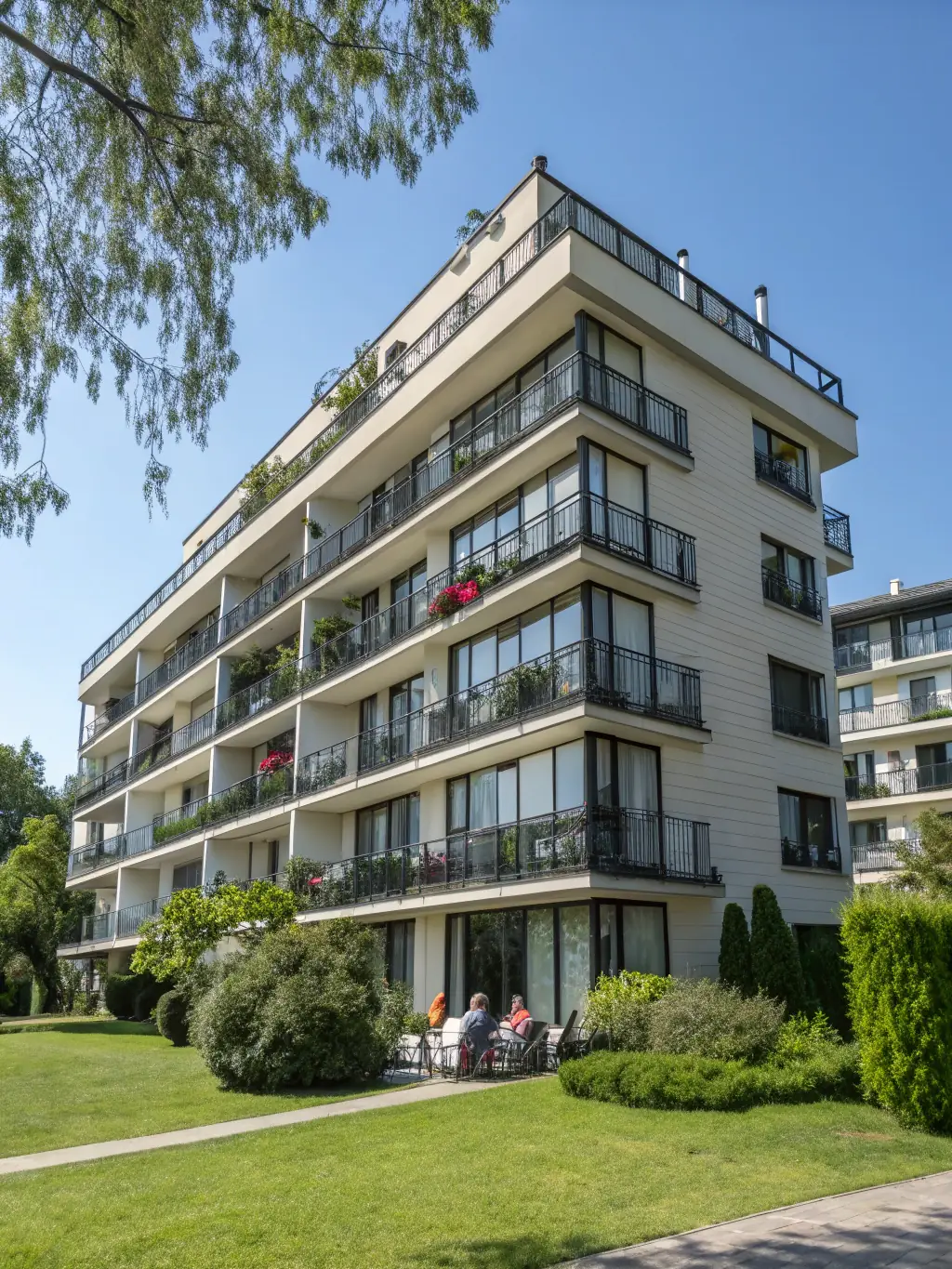 A photograph of a well-maintained residential building with a property manager inspecting the premises, ensuring quality and tenant satisfaction.